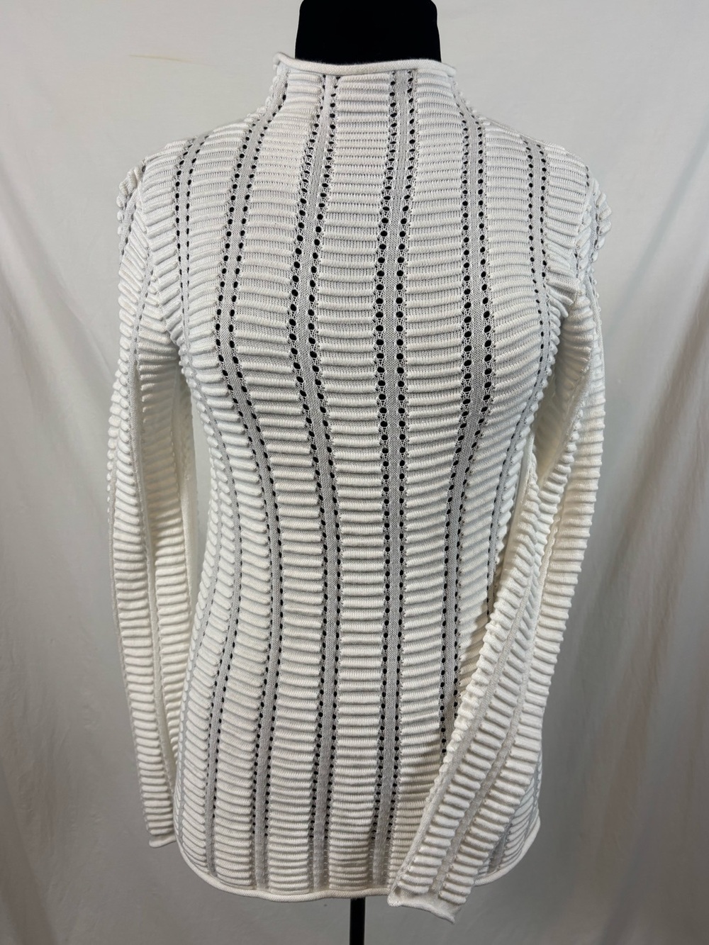 French Connection White Cotton Ladder Knit Mock Neck Sweater Y2K Minimalist Sm
